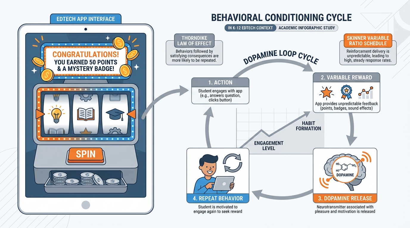 Diagram showing an EdTech slot machine metaphor with dopamine loop, variable reward schedule, and behavioral conditioning cycle