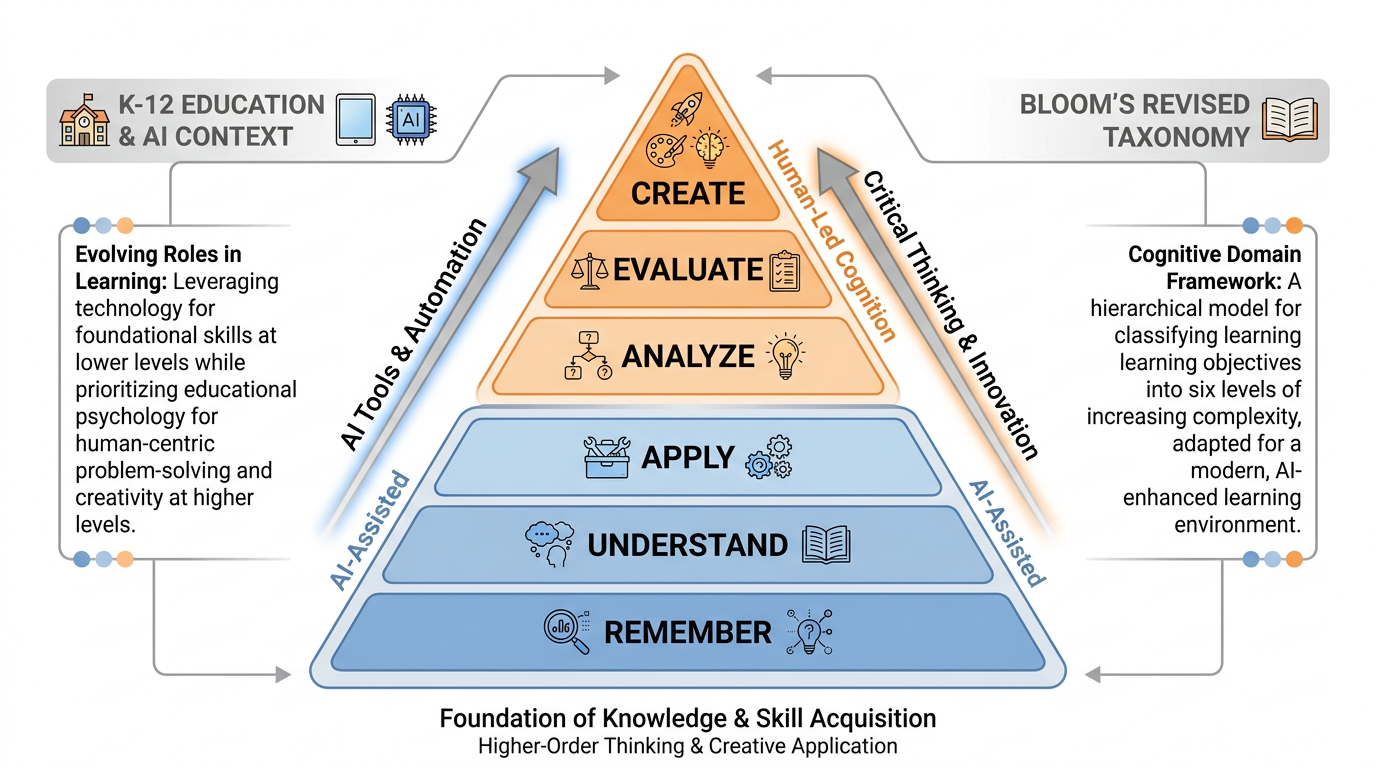 Bloom's taxonomy pyramid diagram with color-coded tiers and AI annotation labels showing which levels AI handles easily versus which require human cognition