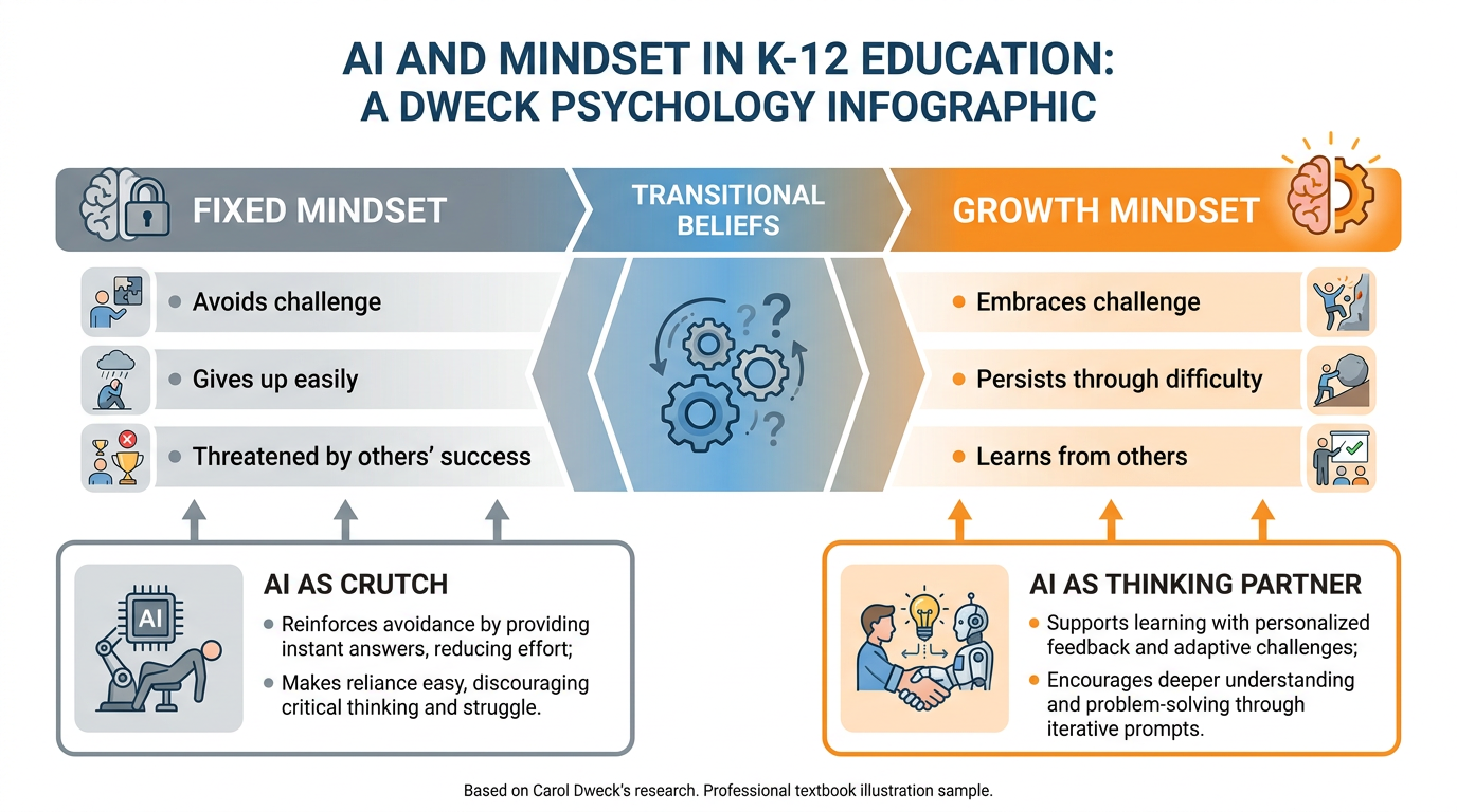 Visual spectrum showing fixed mindset on the left and growth mindset on the right with AI-era annotations showing how AI tools can reinforce either orientation depending on how they are used