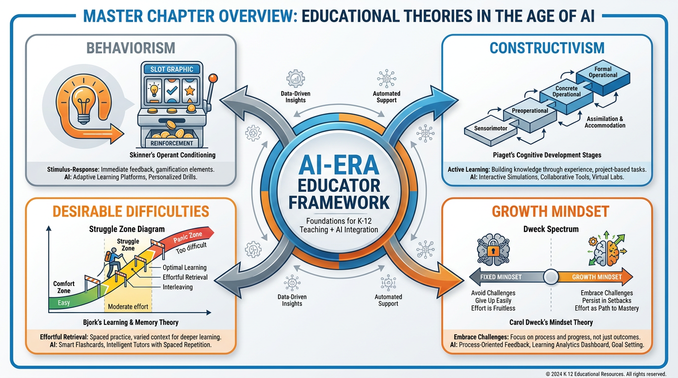 Master infographic showing all Chapter 1 concepts — Behaviorism, Constructivism, Desirable Difficulties, and Mindset — connected by arrows in a clean blue and orange diagram