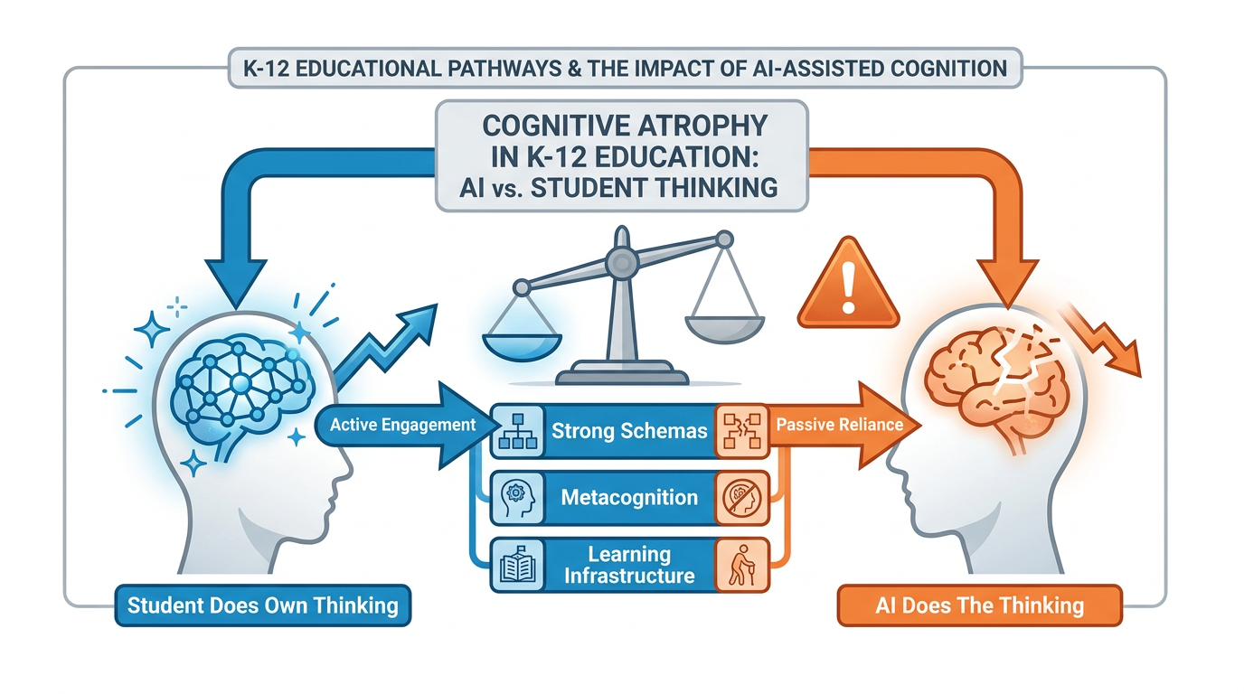 Infographic showing what happens cognitively when AI does the thinking — showing atrophy pathway from outsourcing to reduced retrieval to weakened schema to cognitive dependency