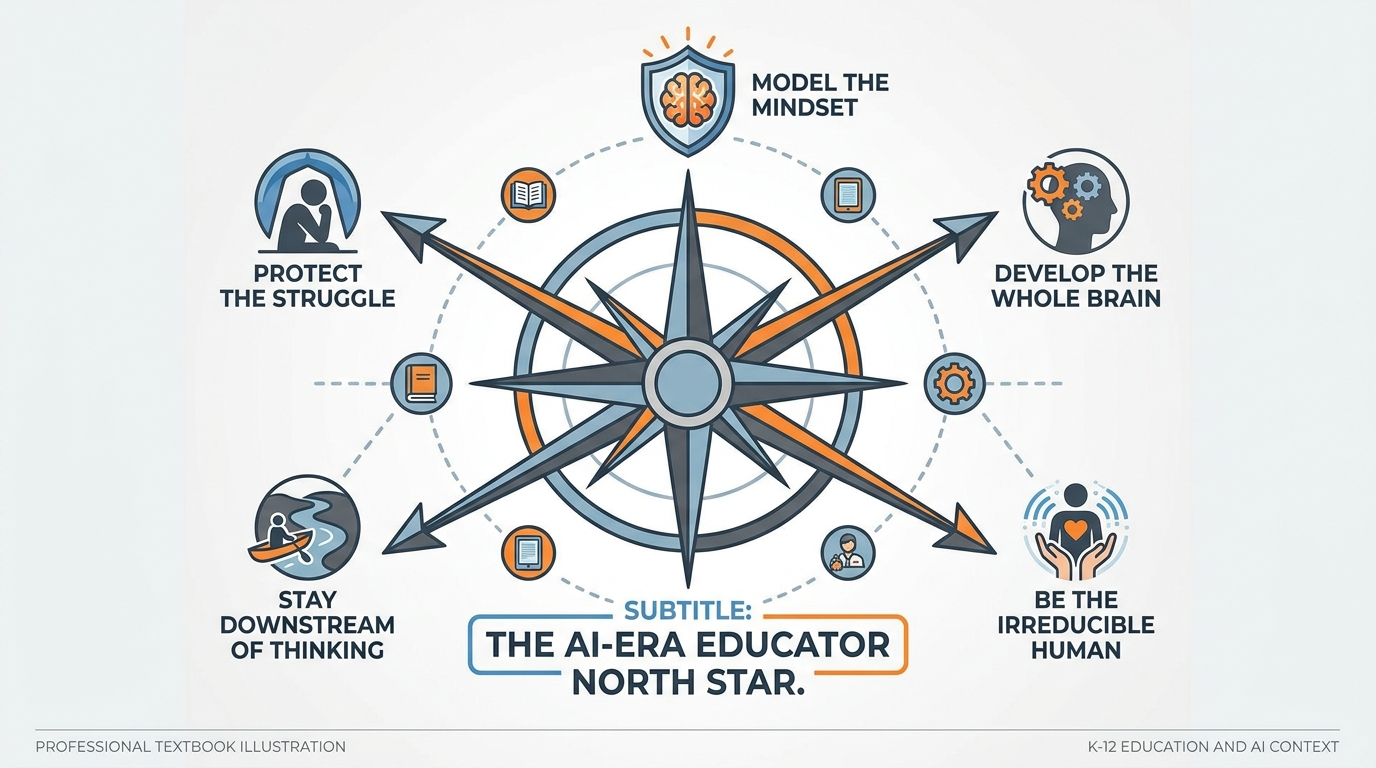 Compass illustration with five principles of the AI-era educator labeled at the cardinal and ordinal points, in a clean blue and orange infographic style
