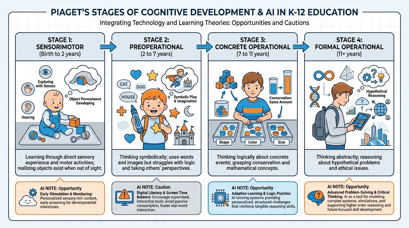 Diagram of Piaget's four cognitive development stages with labeled age ranges and AI integration points showing appropriate tools and risks at each stage