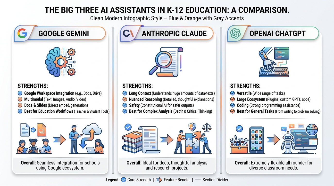 Three column comparison chart showing Google Gemini, Anthropic Claude, and OpenAI ChatGPT with their distinctive strengths and best use cases
