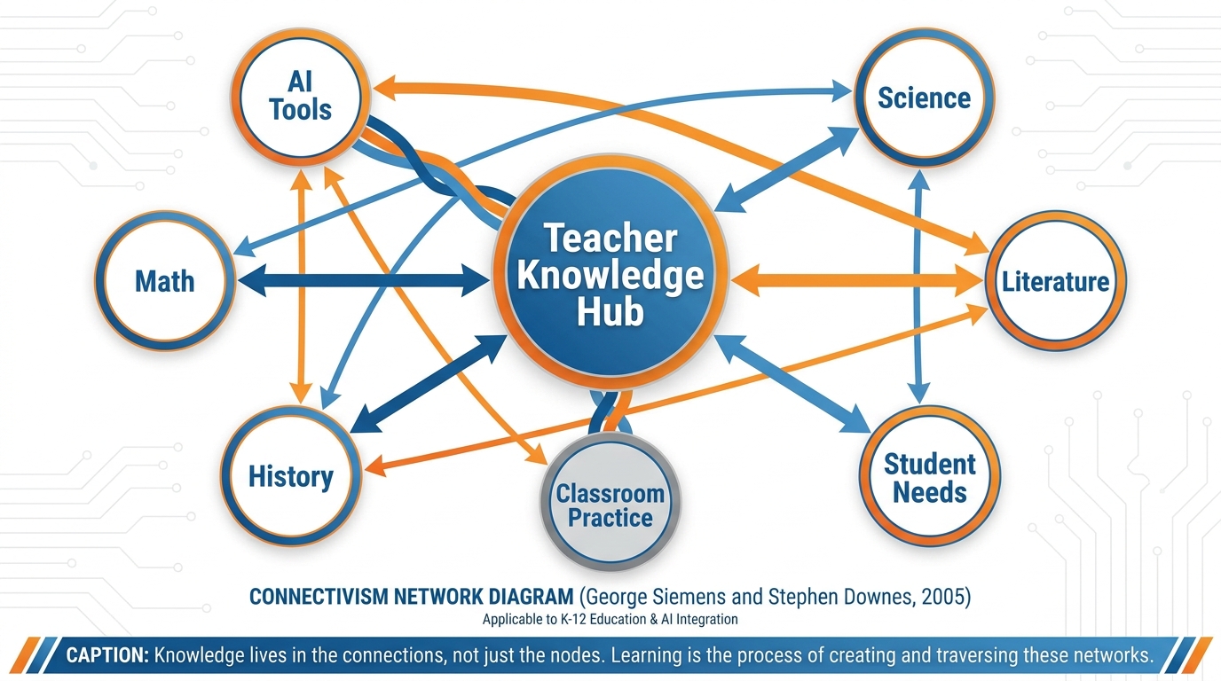Connectivism network diagram showing knowledge domains as nodes connected by weighted lines, with a Teacher Knowledge Hub at the center