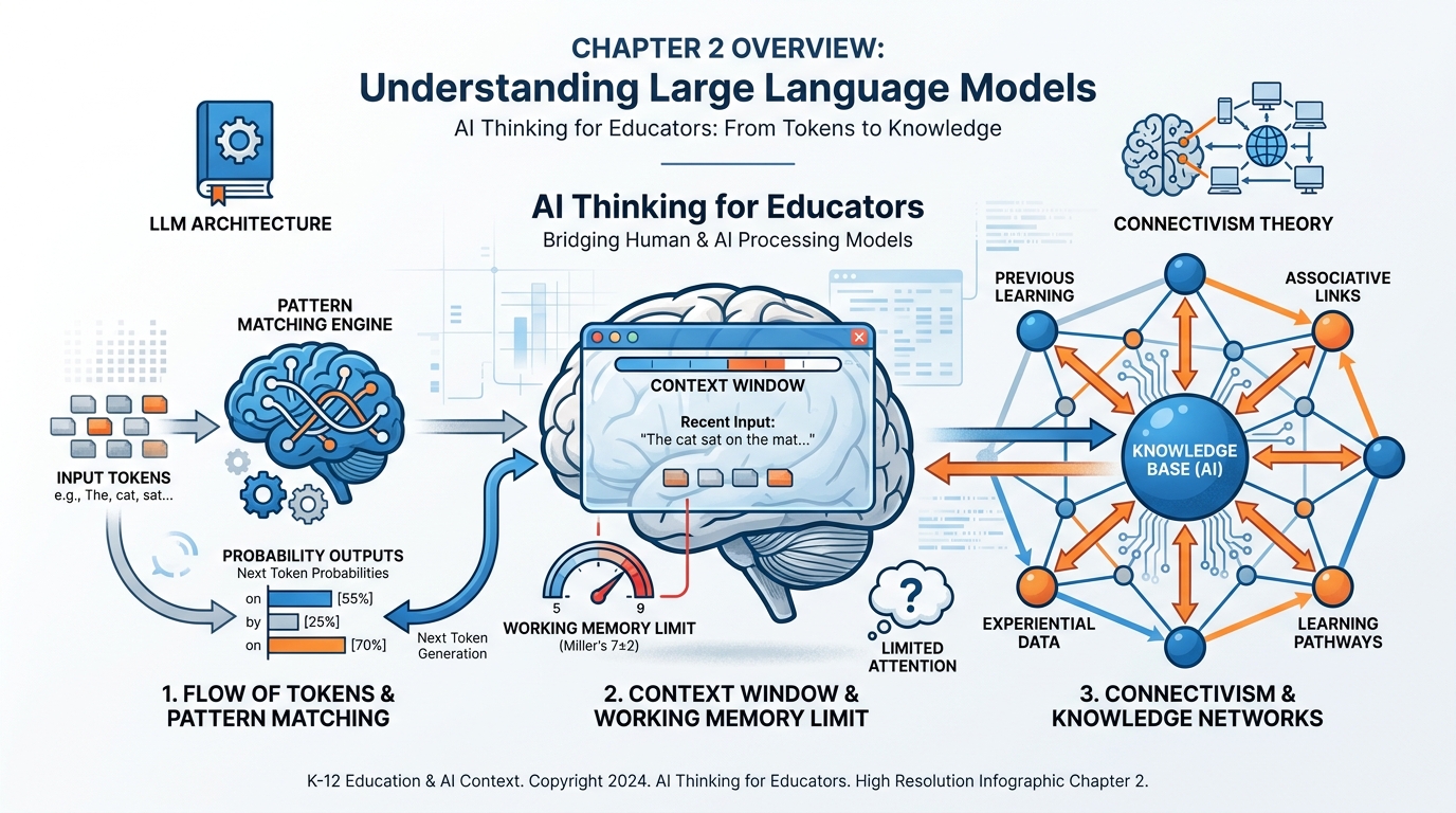 Master chapter infographic showing LLMs, tokens, context window, Miller's 7±2, and Connectivism connected in a comprehensive visual overview