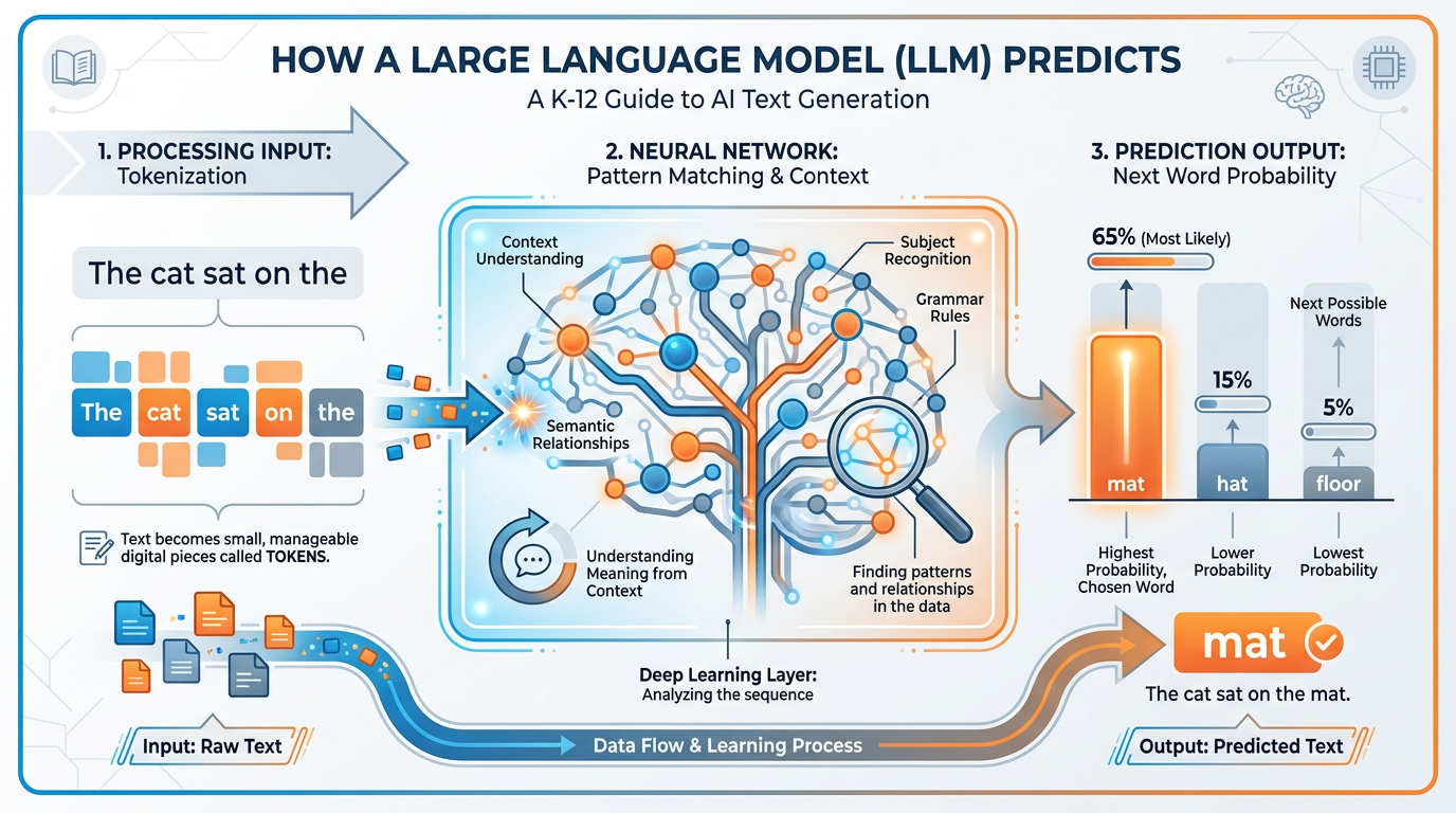 Diagram showing how an LLM works — text breaks into tokens, tokens flow through pattern matching, probability distribution produces the next output