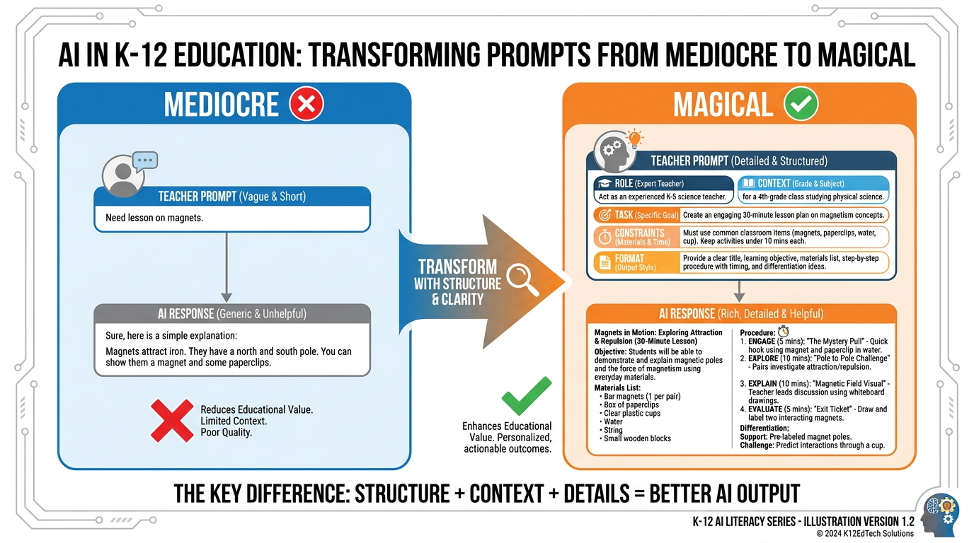 Before and after comparison showing a vague mediocre prompt versus a structured magical prompt with role, context, task, constraints, and format components