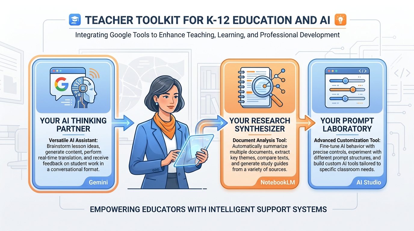 Three Google tools shown as a teacher toolkit — Gemini as AI Thinking Partner, NotebookLM as Research Synthesizer, and AI Studio as Prompt Laboratory