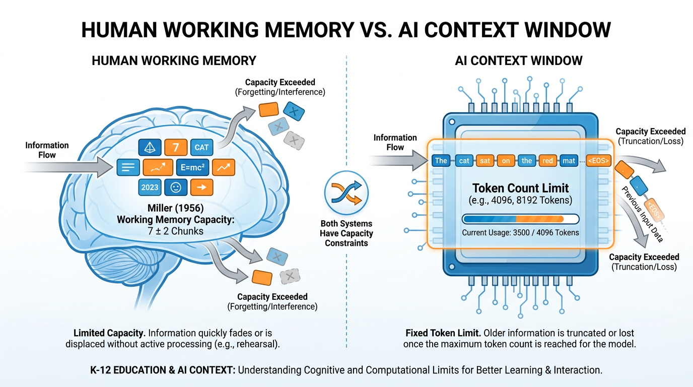 Comparison diagram showing human working memory (Miller's 7±2 chunks) alongside an AI context window, both showing capacity limits and displacement effects