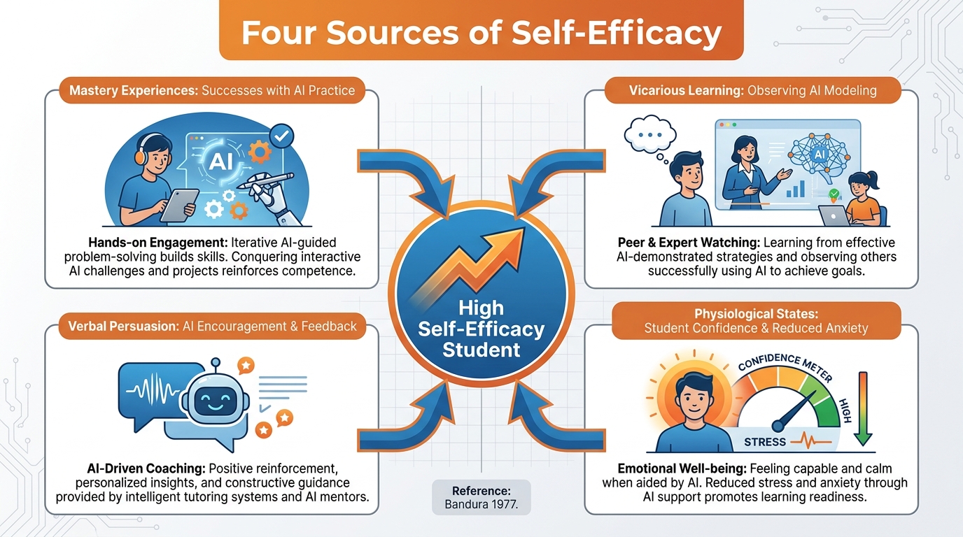Bandura's four sources of self-efficacy mapped to AI coaching interactions in a classroom context