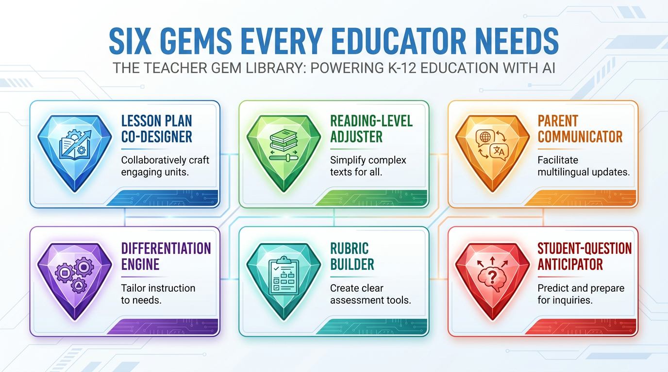 Visual card layout showing the six Gems every teacher needs — Lesson Plan Co-Designer, Reading-Level Adjuster, Parent Communicator, Differentiation Engine, Rubric Builder, Student-Question Anticipator
