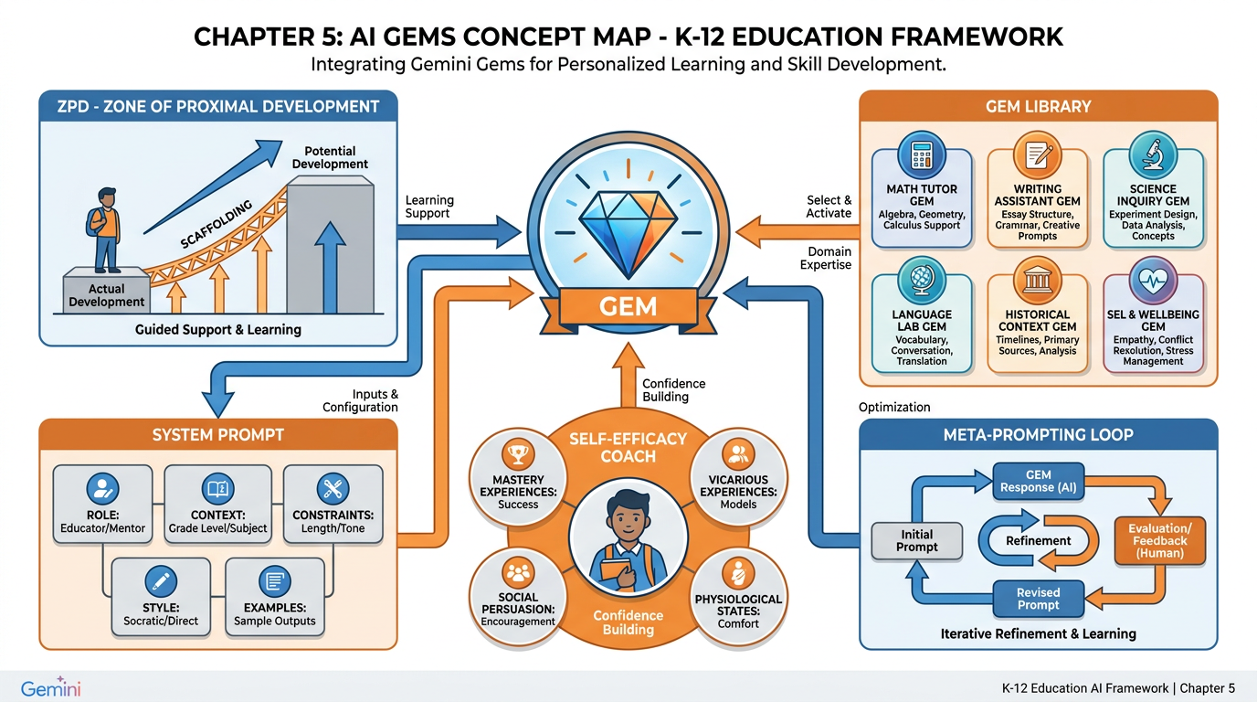Master chapter infographic showing Gems, ZPD, system prompts, self-efficacy, and meta-prompting connected in a clean blue and orange concept map