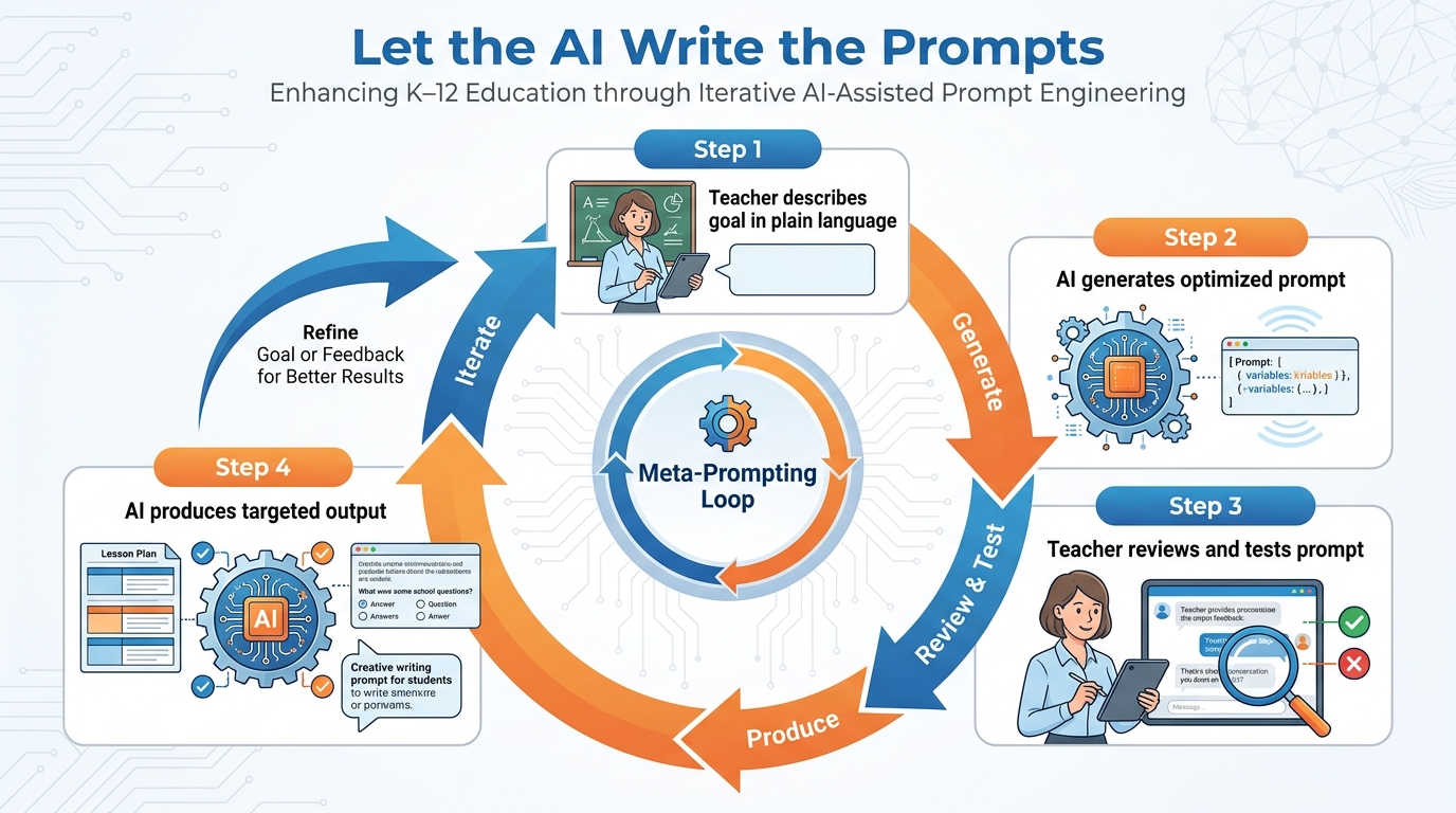 Meta-prompting flow diagram showing the circular process from teacher goal to AI-generated prompt to testing to iteration
