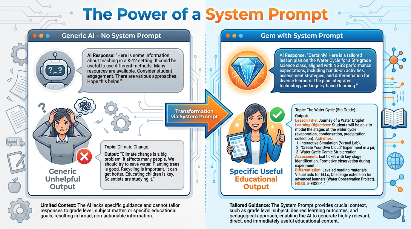 Before-and-after comparison showing generic AI response without system prompt versus targeted expert response from a Gem with system prompt