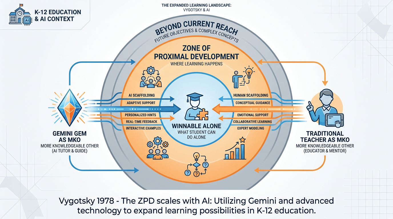 Vygotsky's Zone of Proximal Development with AI Gem positioned as the More Knowledgeable Other alongside the teacher