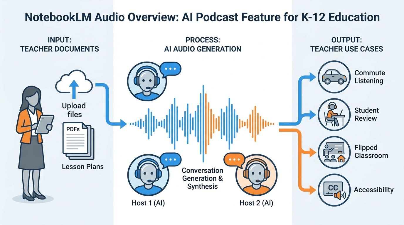 Diagram showing teacher uploading documents to NotebookLM, AI generating Audio Overview podcast with two host avatars, and use cases for commuting, student review, and flipped classroom