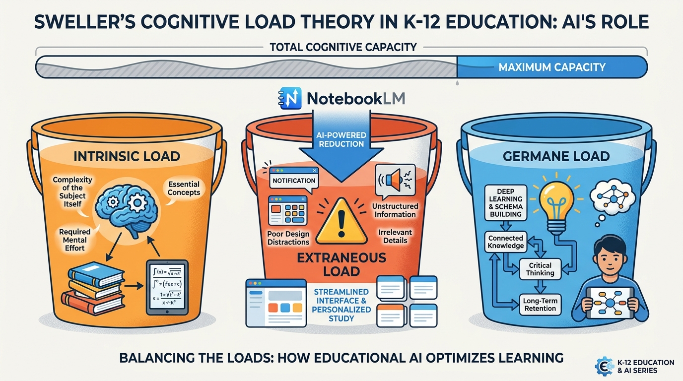 Three-bucket diagram showing Sweller's intrinsic, extraneous, and germane cognitive load, with NotebookLM shown reducing the extraneous load bucket