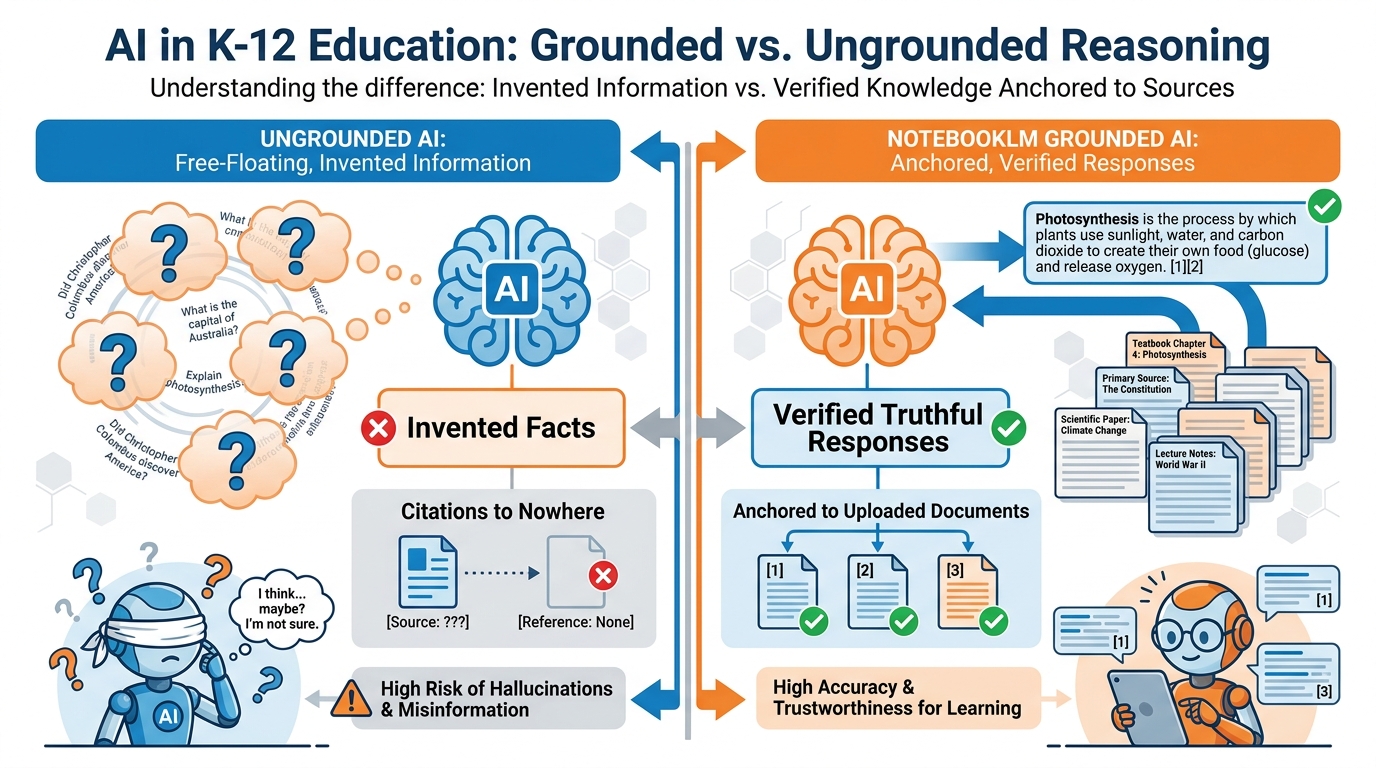 Side-by-side comparison showing ungrounded AI producing invented facts versus NotebookLM producing cited, verified responses from uploaded documents
