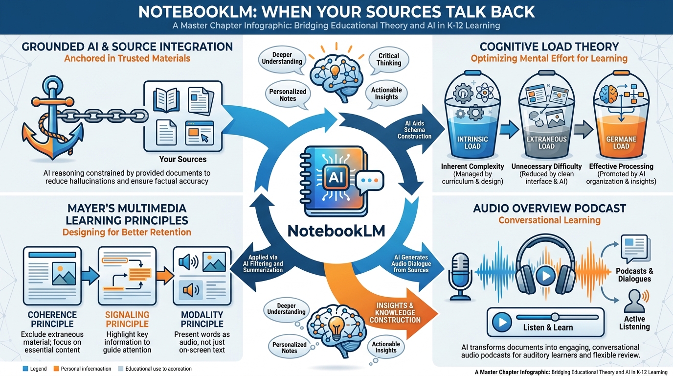 Master chapter infographic showing NotebookLM at center connected to grounded AI concept, Cognitive Load Theory three-bucket diagram, Mayer principles icons, and Audio Overview workflow