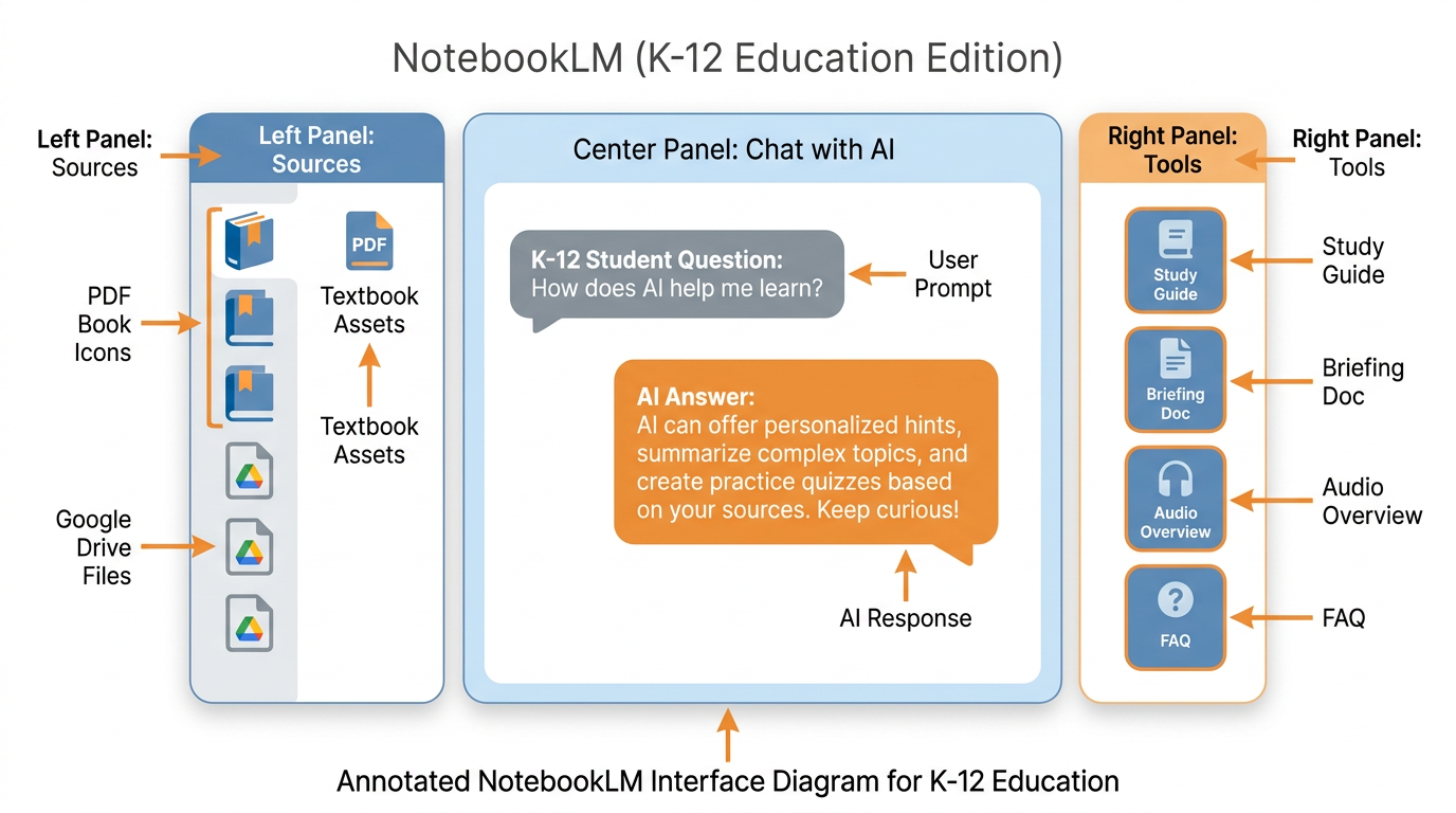 Annotated diagram of the NotebookLM interface showing the sources panel, chat panel, and tools panel with labeled components