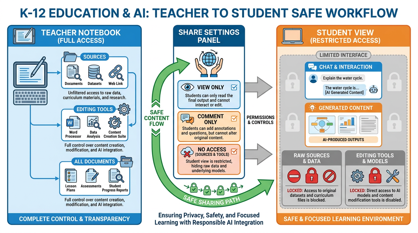 Workflow diagram showing teacher notebook with full access, share settings panel with view-only options, and student view showing restricted interface without raw sources