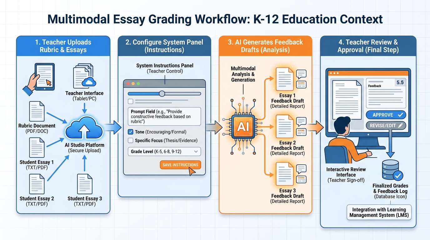 Multimodal essay grading workflow diagram showing rubric and student essays being uploaded into AI Studio, system instructions being applied, and AI feedback drafts being generated for teacher review