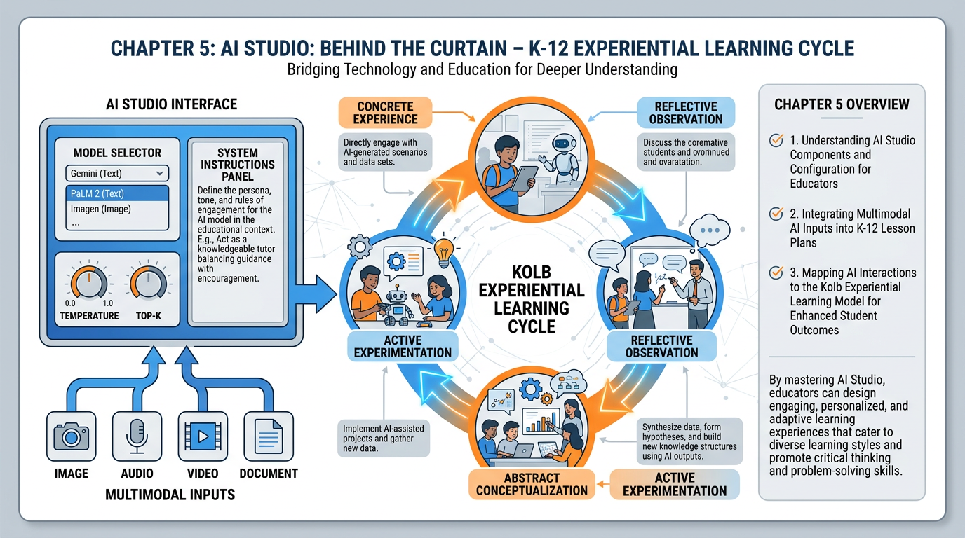 Master chapter infographic showing AI Studio interface, Kolb experiential learning cycle, model knobs, and multimodal input types in a blue and orange diagram