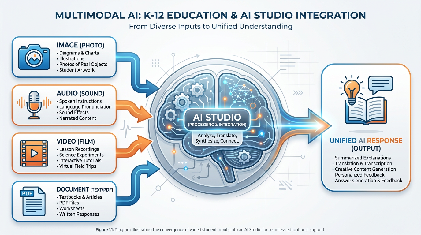 Multimodal inputs diagram showing image, audio, video, and document arrows converging into an AI Studio processor producing a unified AI response