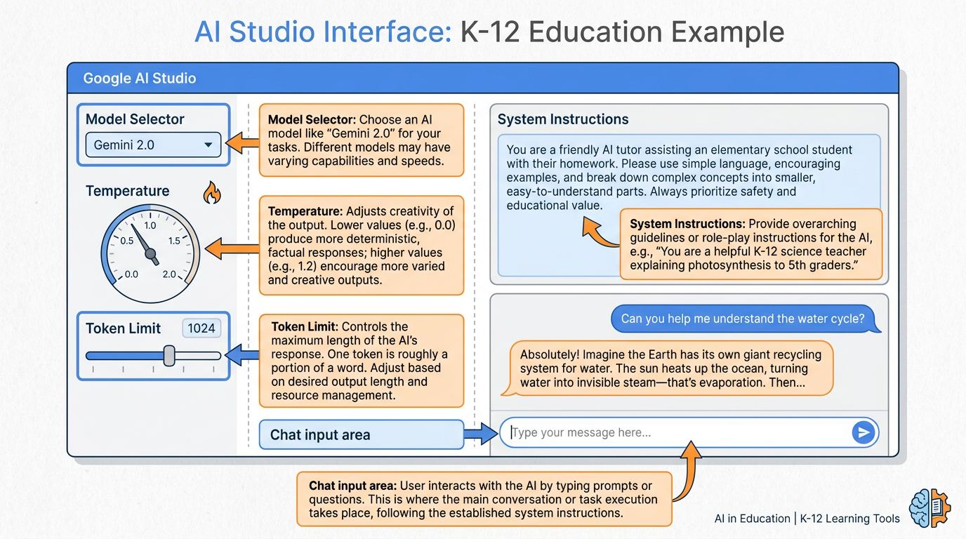 Annotated AI Studio interface diagram showing model selector, temperature slider, token limit control, system instructions panel, and file upload area with labeled callout arrows