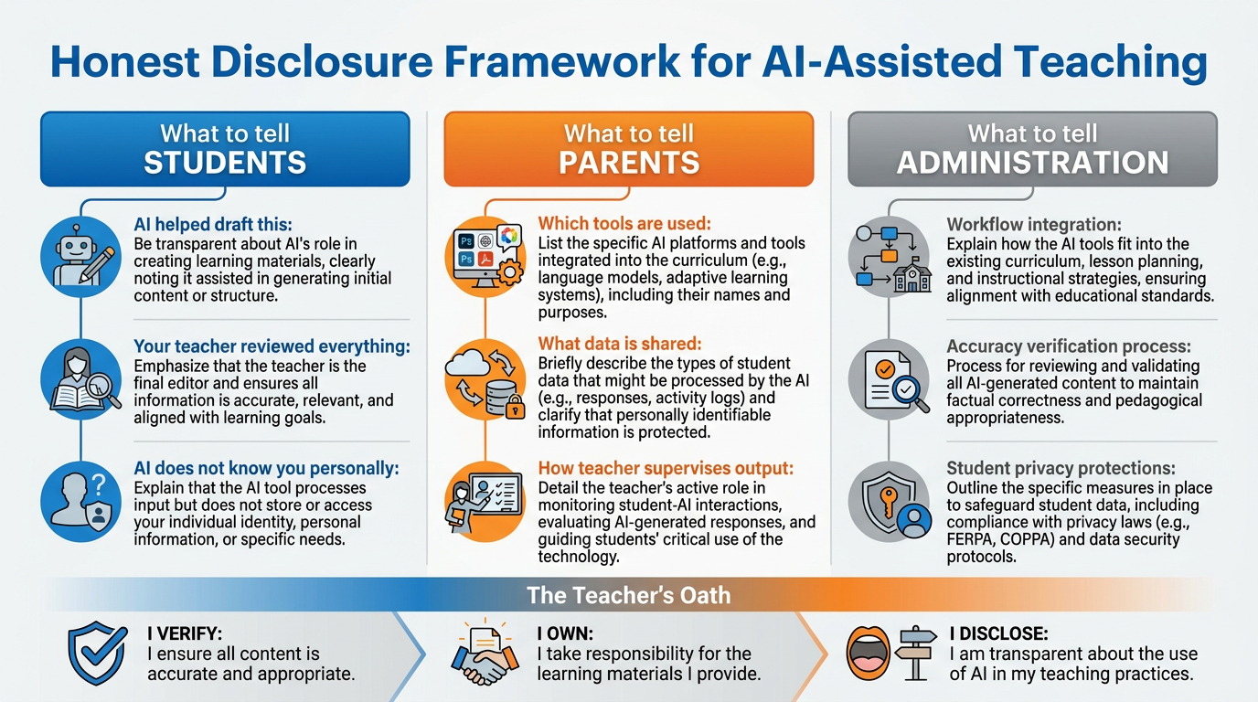 Three-column disclosure framework showing what to tell students, parents, and administration about AI-assisted teaching