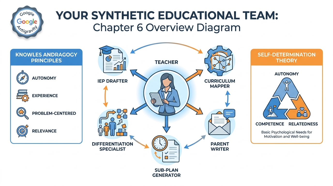 Master infographic for Chapter 6 showing a teacher at the center of a synthetic team of five AI agents, with Andragogy principles on the left and Self-Determination Theory triangle on the right