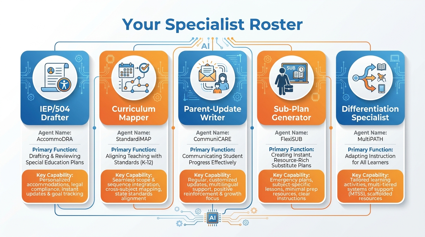 Five business card style panels showing the teacher AI specialist roster: IEP/504 Drafter, Curriculum Mapper, Parent-Update Writer, Sub-Plan Generator, Differentiation Specialist