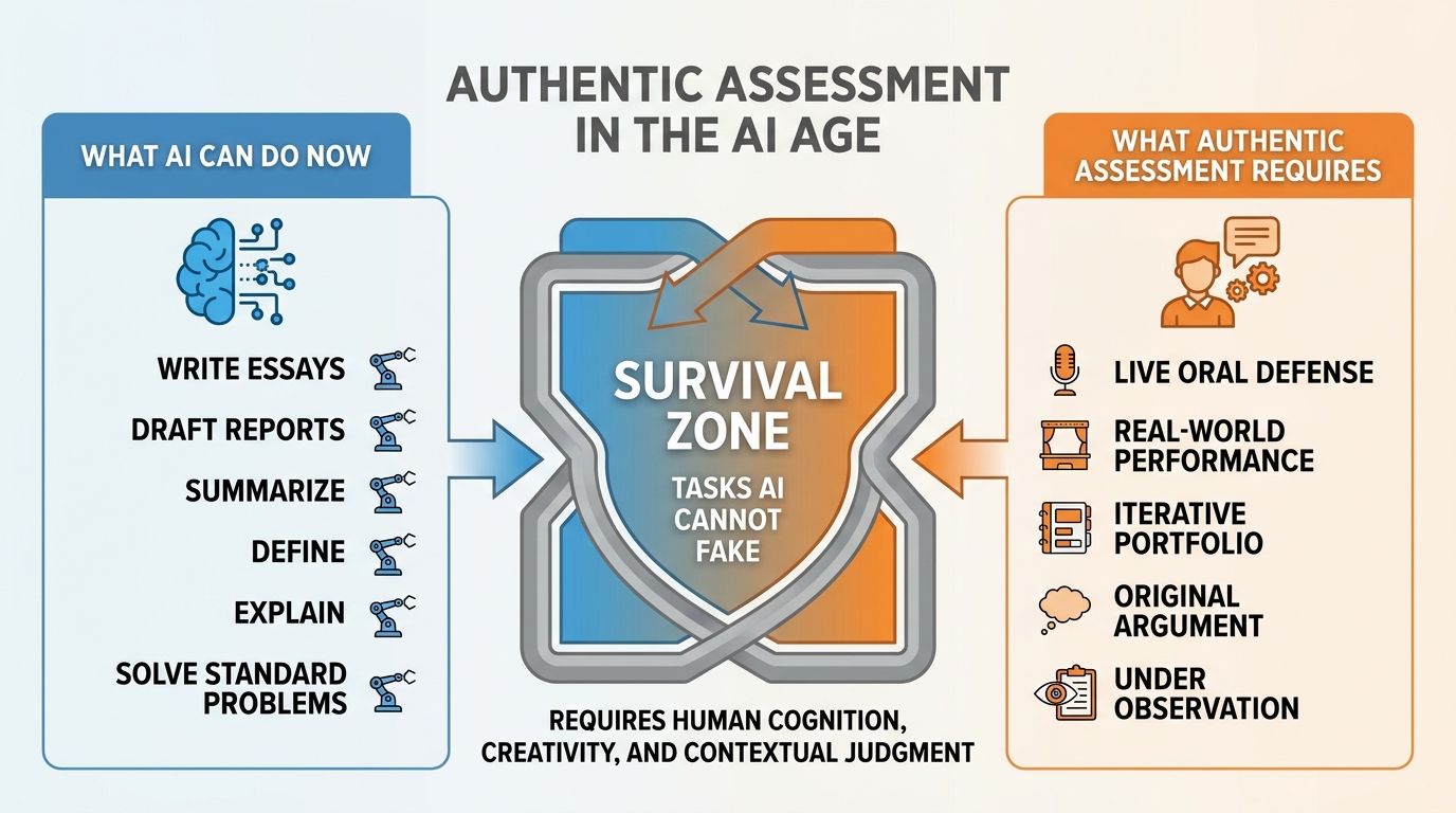 Authentic assessment in the AI age showing two columns What AI Can Do Now versus What Authentic Assessment Requires with a Survival Zone in the center