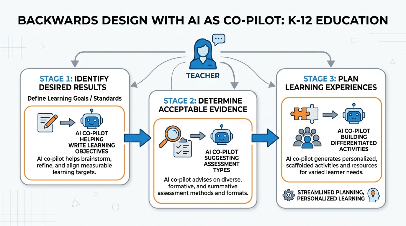 Backwards design with AI co-pilot showing three stages: Stage 1 Identify Desired Results with AI helping write objectives, Stage 2 Determine Acceptable Evidence with AI suggesting assessments, Stage 3 Plan Learning Experiences with AI building differentiated activities