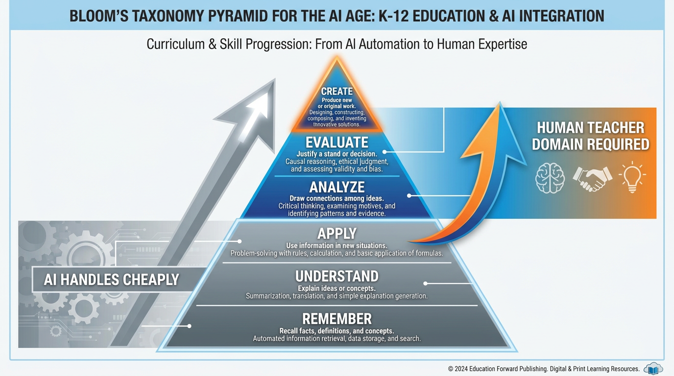 Bloom's taxonomy pyramid for the AI age showing bottom three tiers in gray labeled AI Handles Cheaply and top three tiers in blue and orange labeled Human Teacher Domain Required