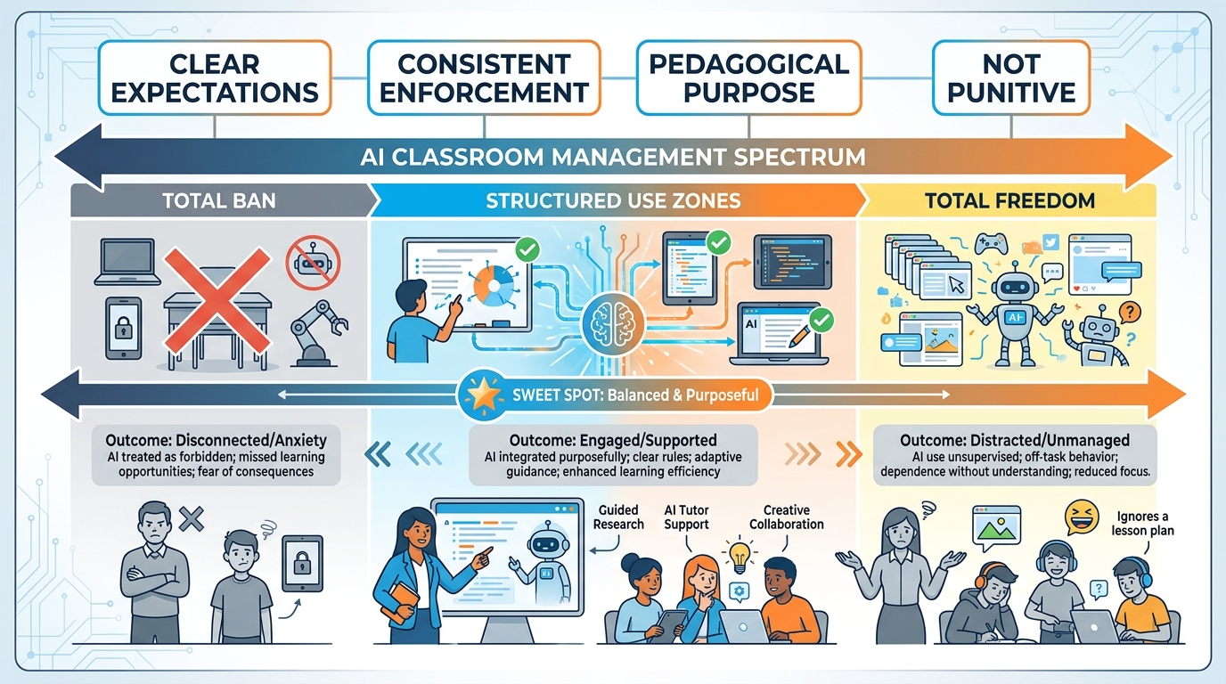 AI classroom management spectrum showing Total Ban on the left through Structured Use Zones in the middle to Total Freedom on the right with the optimal zone highlighted