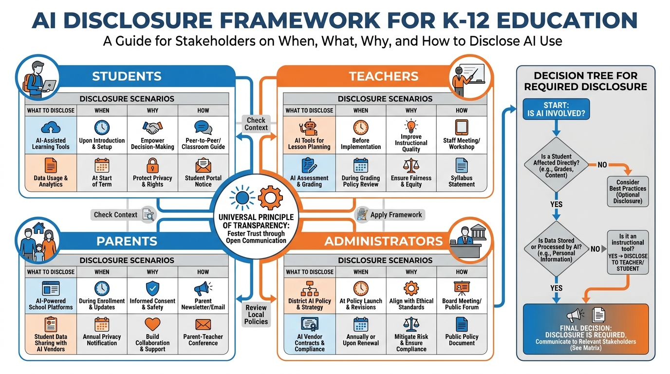 AI disclosure framework matrix showing four quadrants for Students Teachers Parents and Administrators with what to disclose when why and how