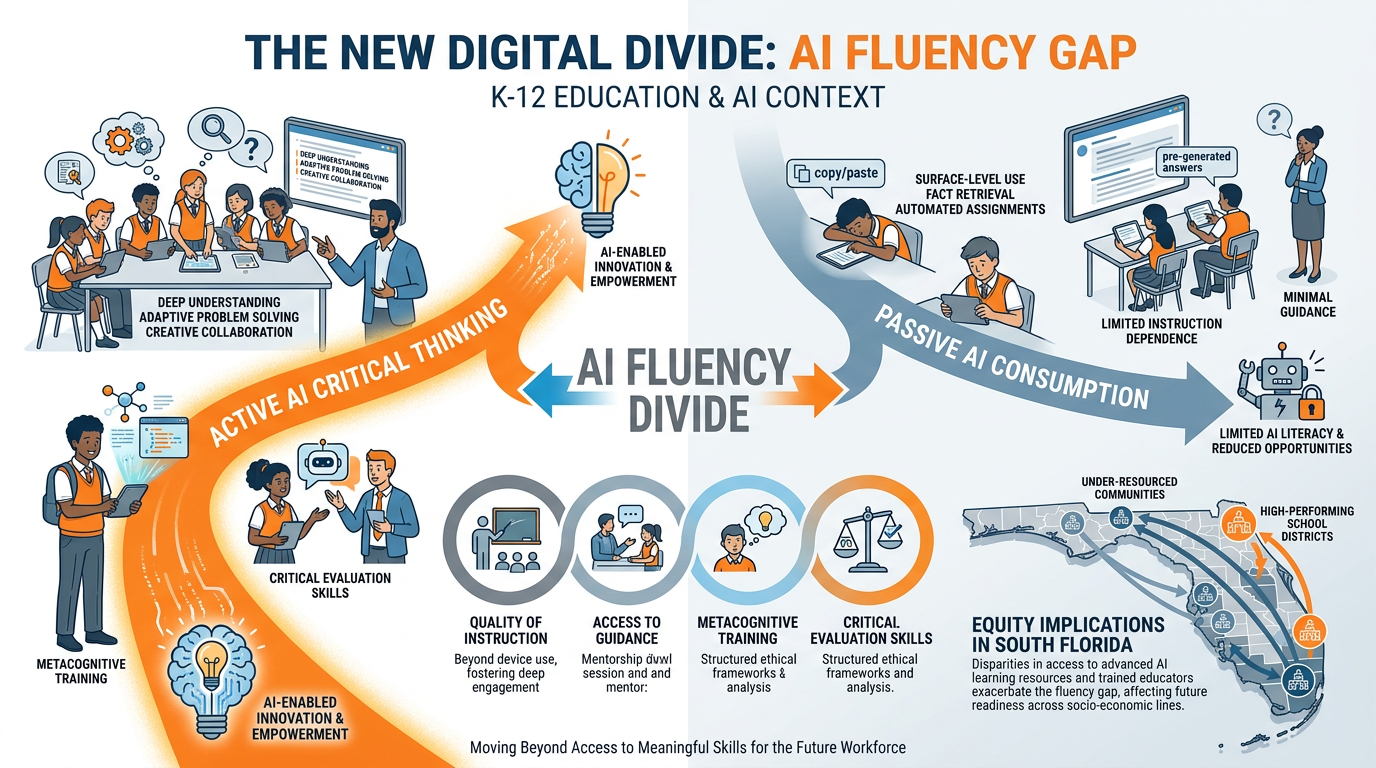 The new digital divide showing two diverging paths for students with and without AI fluency and the factors that create the gap including quality of instruction access to guidance and metacognitive training
