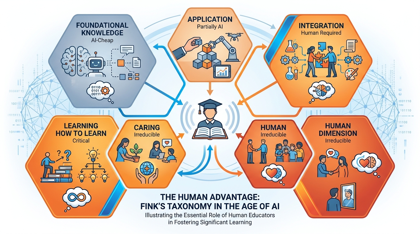 Fink's Taxonomy of Significant Learning hexagonal diagram showing six categories with Foundational Knowledge labeled AI-Cheap Application labeled Partially AI and the remaining four labeled Human Required or Irreducible