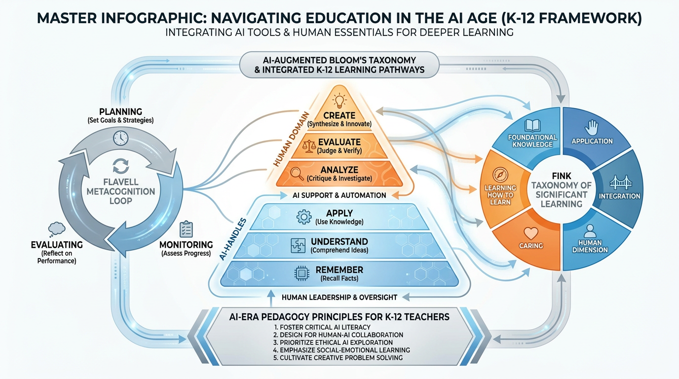 Master infographic showing Bloom's Taxonomy rebuilt for the AI age, Flavell metacognition loop, Fink's Taxonomy of Significant Learning, and AI-era pedagogy principles for K-12 teachers
