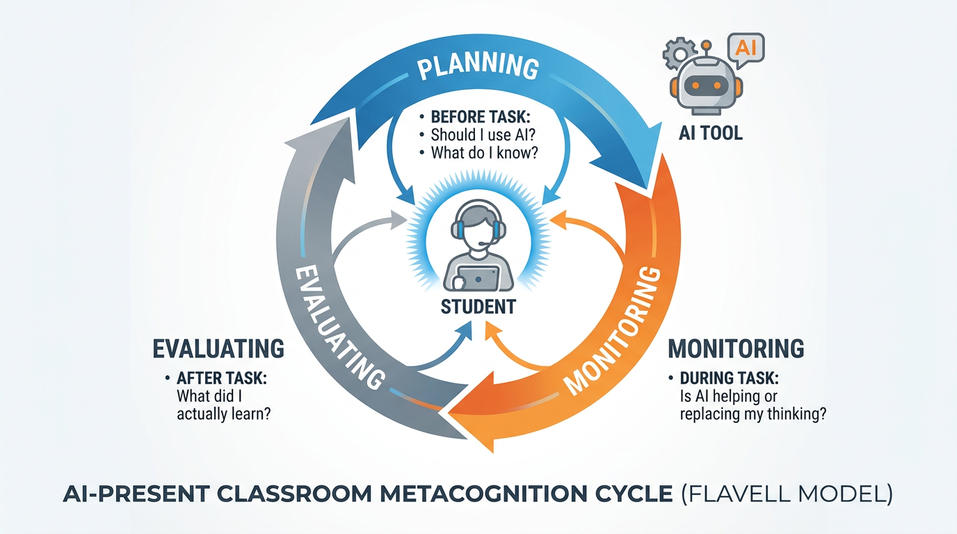 Flavell metacognition model showing circular cycle of Planning Monitoring and Evaluating phases with AI integration points labeled at each stage