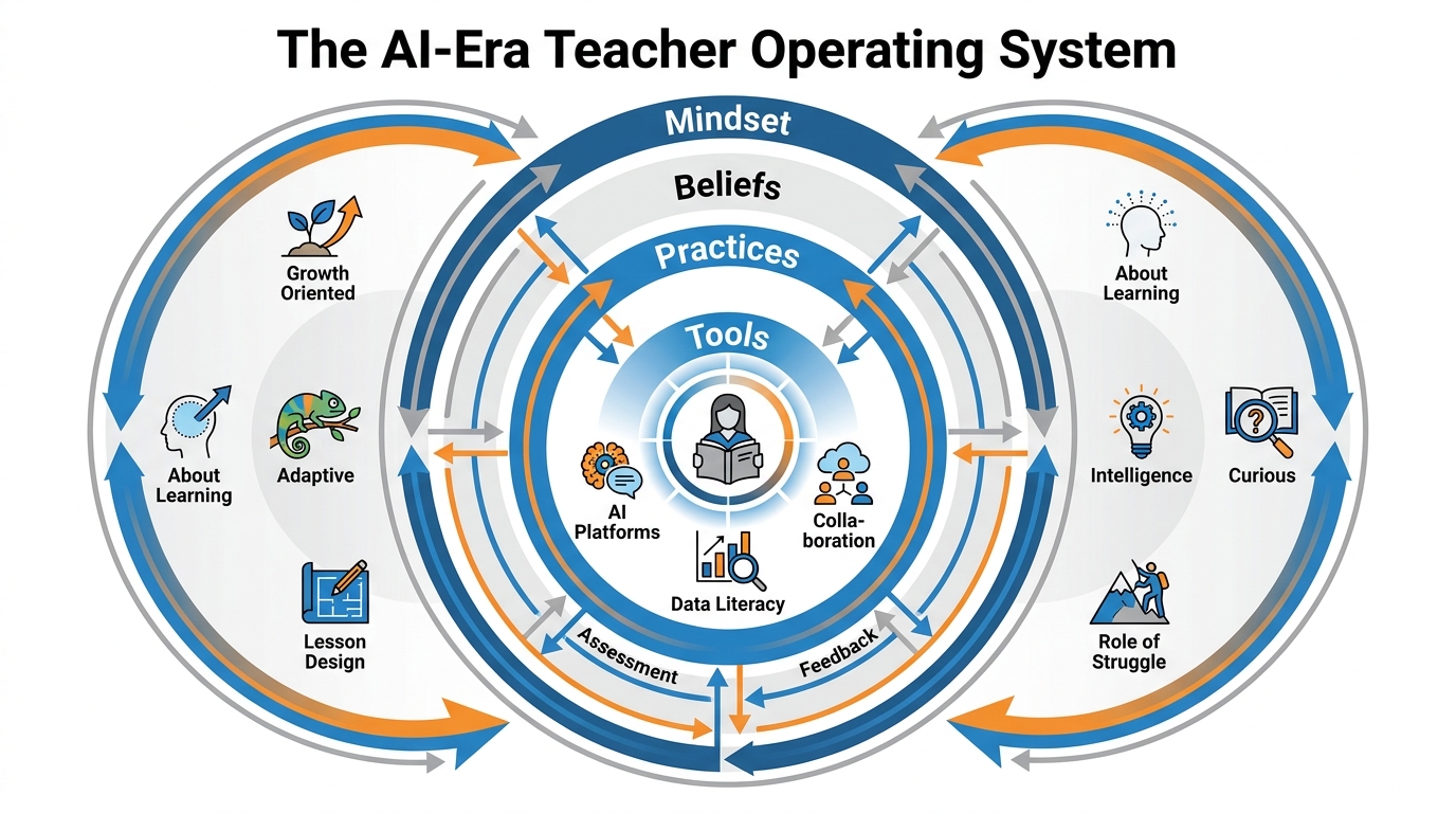 The AI-Era Teacher Operating System showing four interconnected layers of Mindset Beliefs Practices and Tools with teacher at center