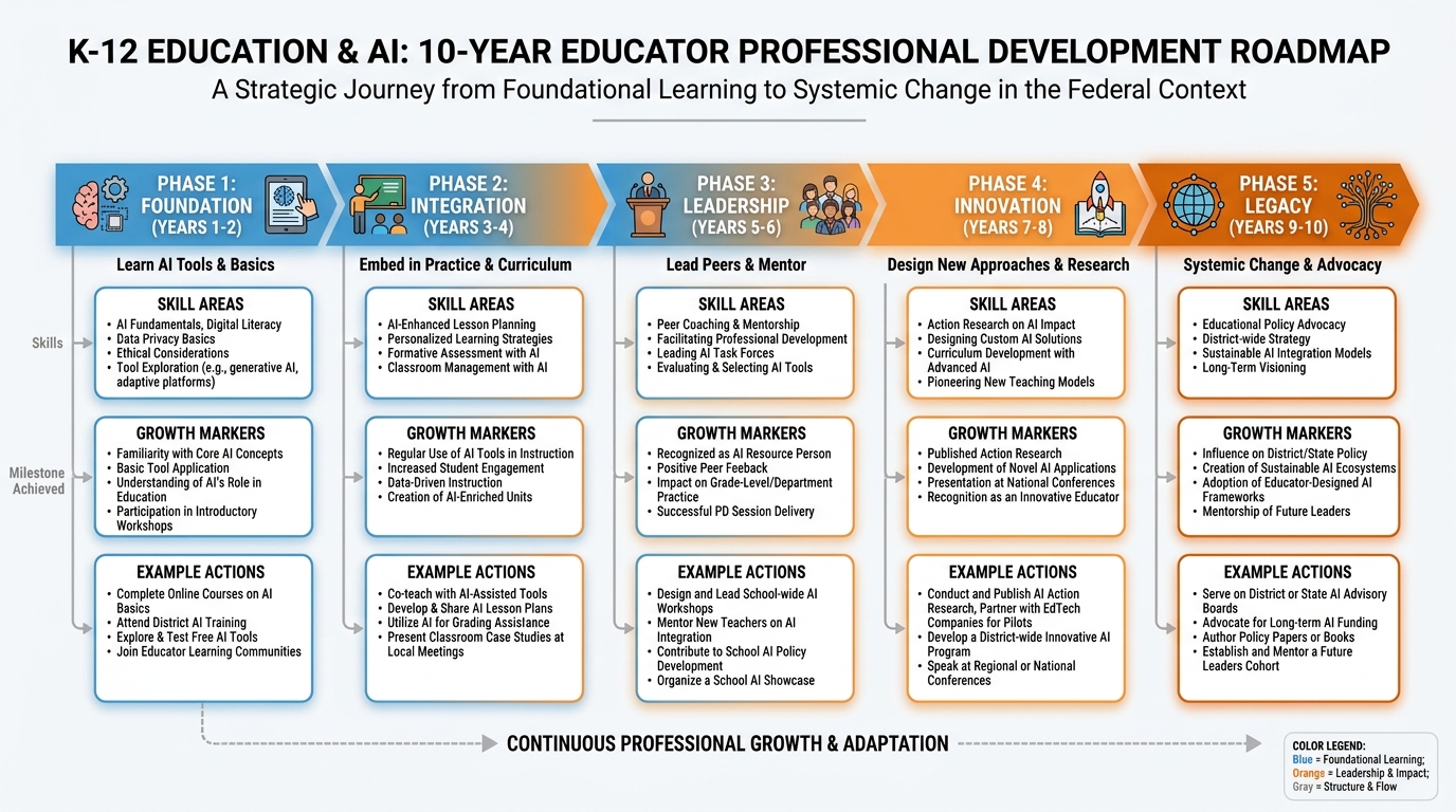 Personal 10-year educator development roadmap template with five two-year phases from Foundation through Legacy