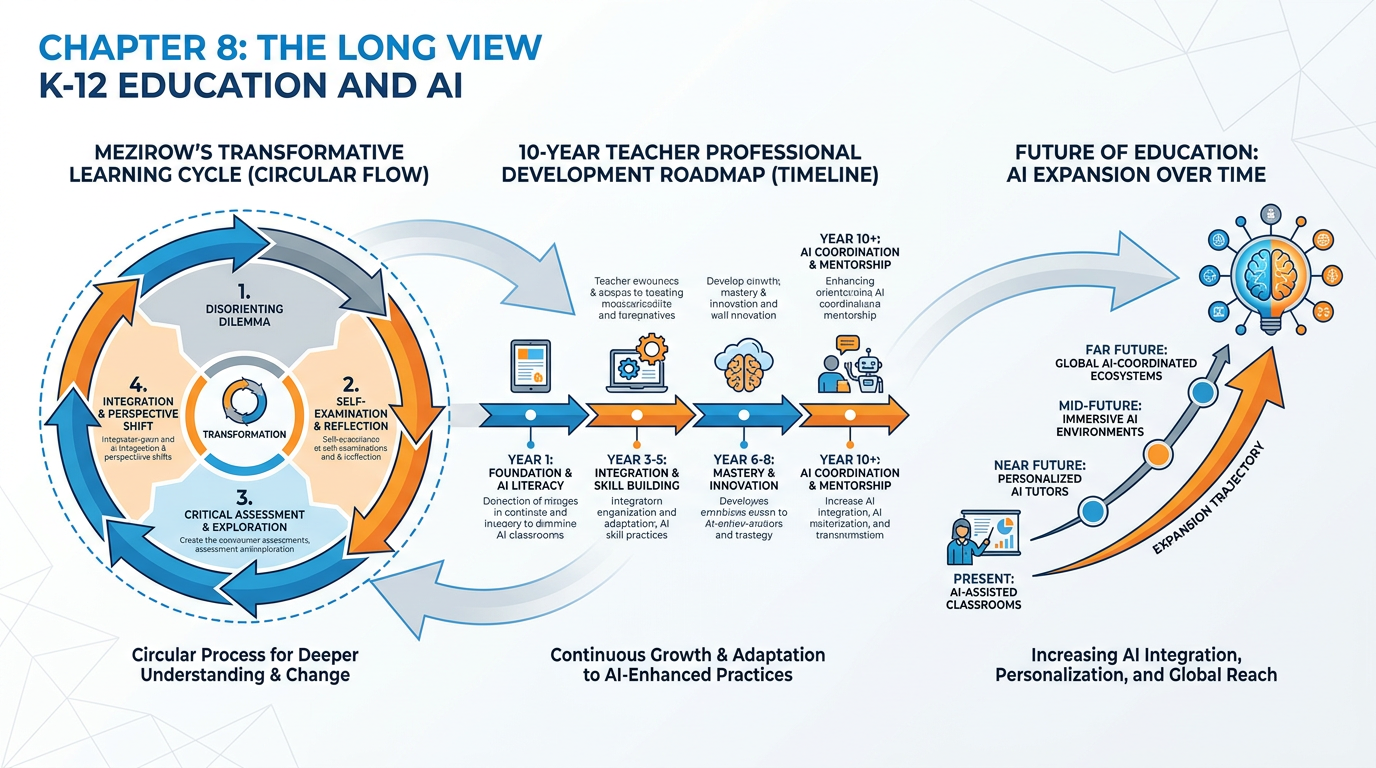 Master infographic for Chapter 8 showing Mezirow's Transformative Learning cycle, the 10-year teacher roadmap, and the future of education with AI expansion over time