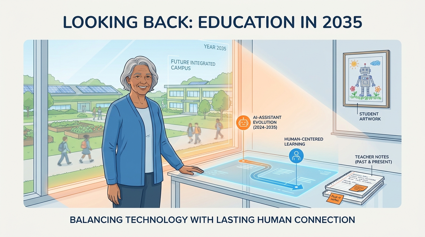 Evocative illustration of a teacher in 2035 standing at a window looking out at a school campus with a sense of hope and continuity