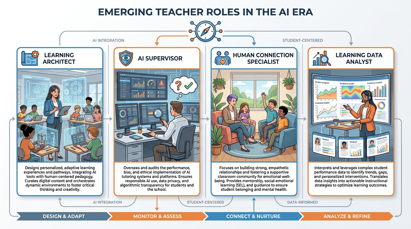 Four emerging teacher role cards showing Learning Architect, AI Supervisor, Human Connection Specialist, and Learning Data Analyst