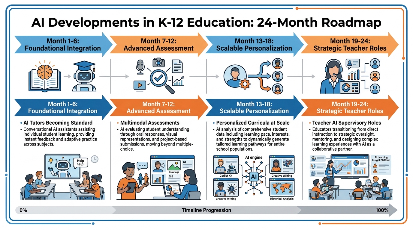 Timeline showing AI developments in K-12 education over 24 months with milestone markers from months 1-6 through months 19-24