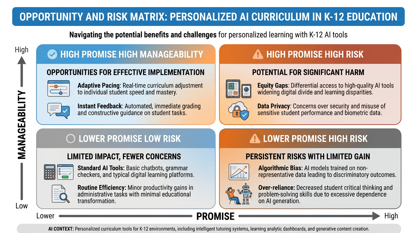 2x2 opportunity and risk matrix for personalized AI curriculum in K-12 education showing promise and peril quadrants