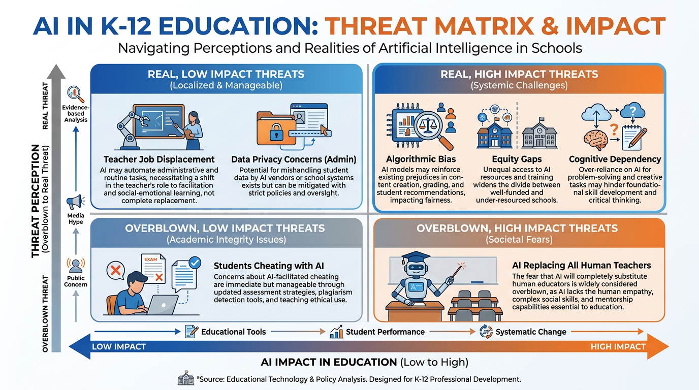 2x2 threat matrix for AI in education showing threats worth worrying about versus overblown threats plotted by impact level